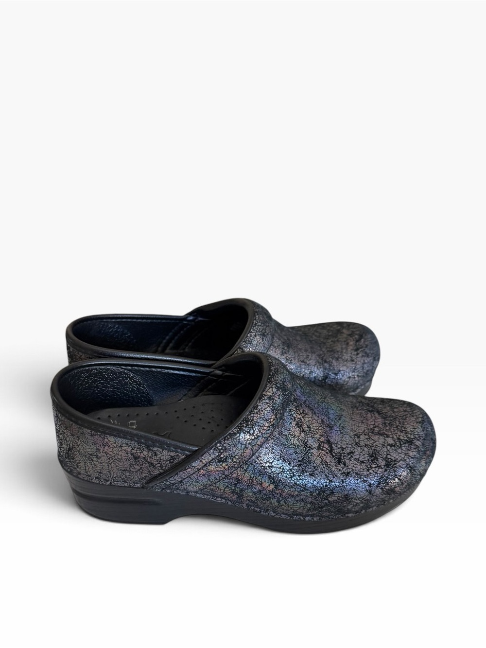Dansko Professional slip on comfort shoe clogs size 37 Pewter Iridescent print